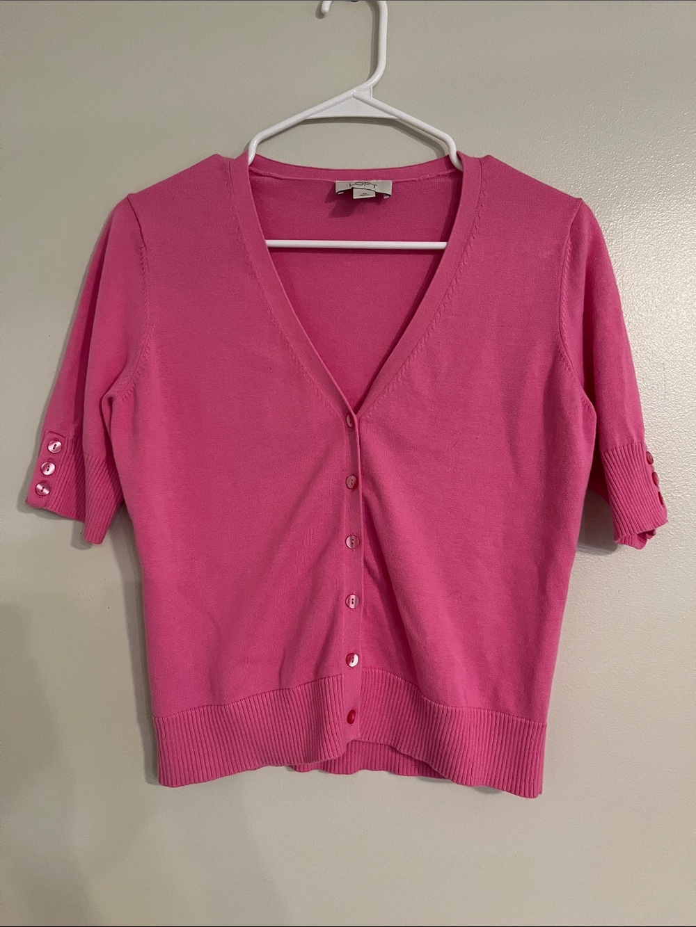 LOFT Bright Pink Short-Sleeve V-Neck Button Cardigan